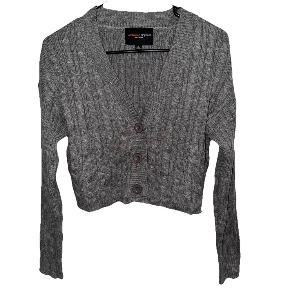 Women's Ambiance Apparel Cropped Gray, Textured Cardigan Sweater Buttons; MEDIUM